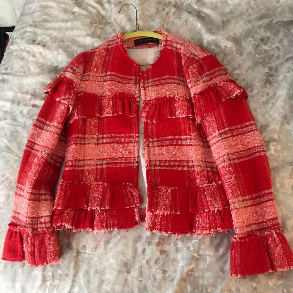 NWOT Zara Red Plaid Tweed Jacket - Picture 6 of 10